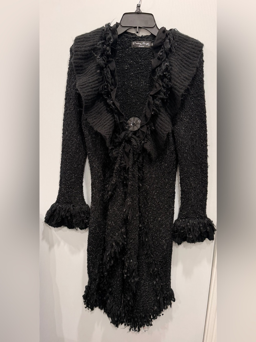Pretty Angel Black Ruffled Knit Cardigan with Decorative Button